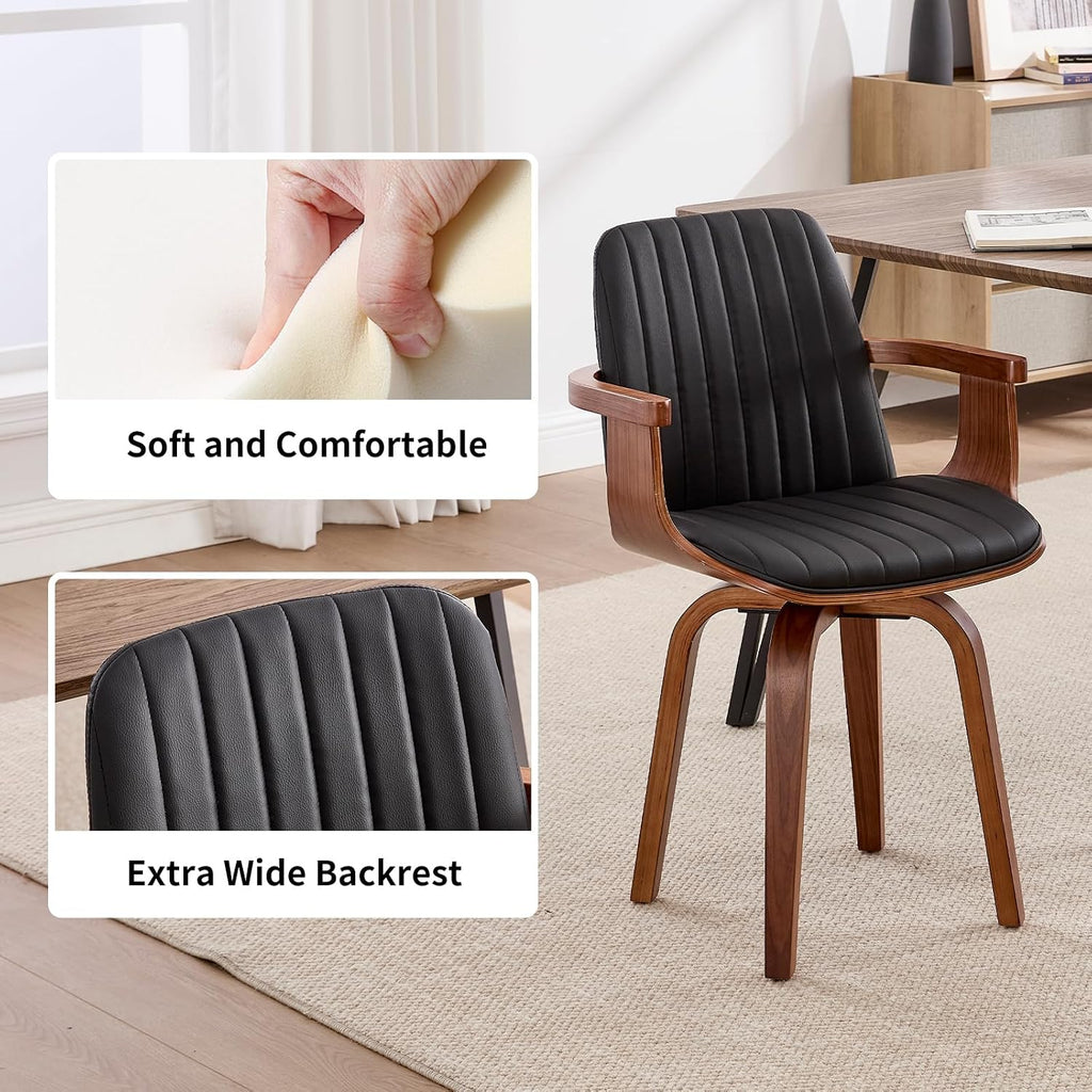 VipDesk Dining Chairs Set of 2 - Mid Century Modern Swivel Kitchen Chairs for Dining Room, Upholstered PU Leather Chairs with Wooden Arms and Legs, Black