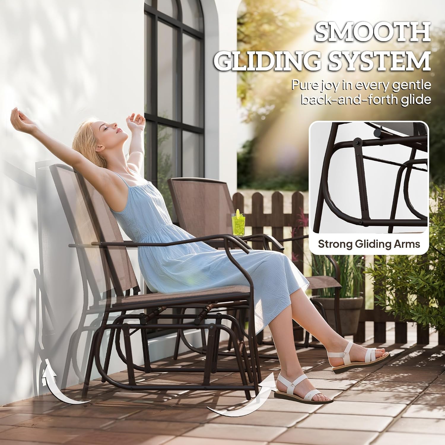 Outsunny Outdoor Glider Chair with Table 2-Seat Patio Loveseat Coffee Brown | Rocking Chair Swing Love Seat, Breathable Sling, Backyard Garden Porch