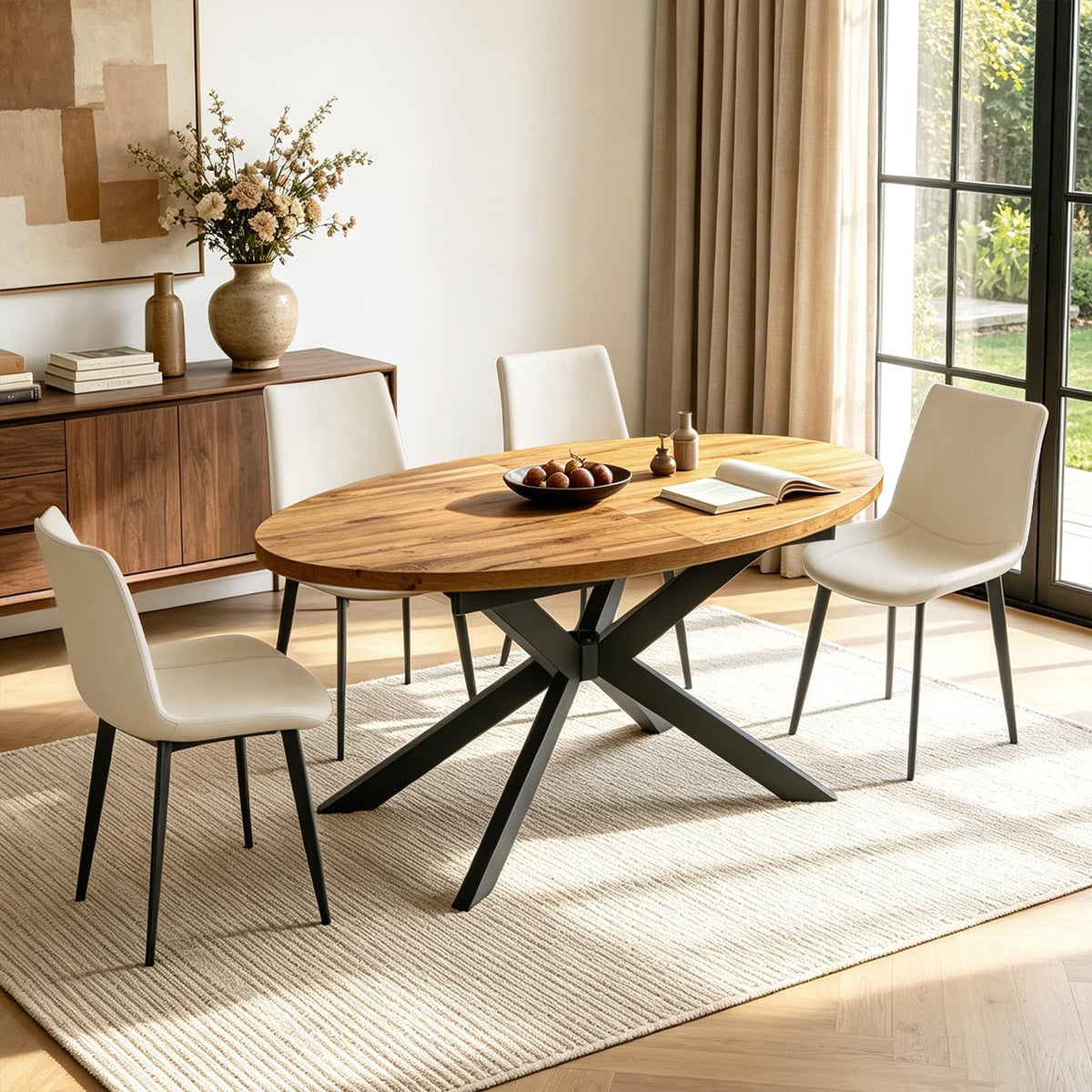 63"-78.7" Extendable Oval Dining Table Set for 4 | 5 Piece Large Round Walnut Table Set, 4 Beige PU Dining Chairs, Living Room, Kitchen, Space Saving, Mid Century Modern