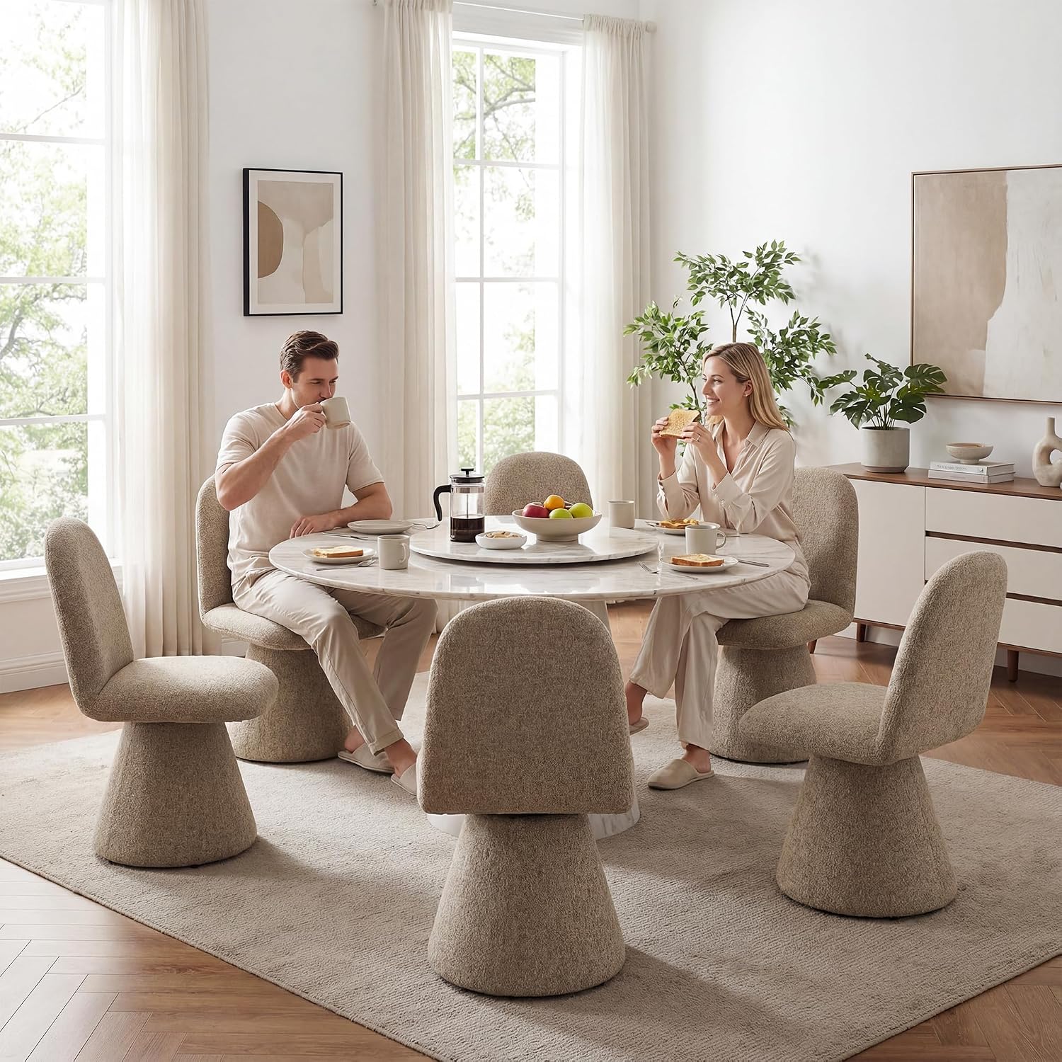 DUOMAY 360° Swivel Dining Chairs Set of 6, Mid Century Modern High Back Linen Upholstered Dining Room Chairs Kitchen Chairs, Armless Chair for Living Room Bedroom Reading, Khaki