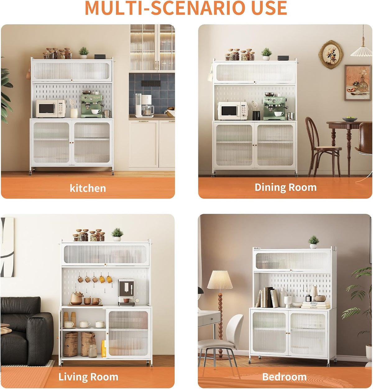 Kitchen Pantry Cabinet Tall Storage Cabinet with Glass Doors & Adjustable Shelves White Modern Cupboard for Kitchen Living Room Dining Room