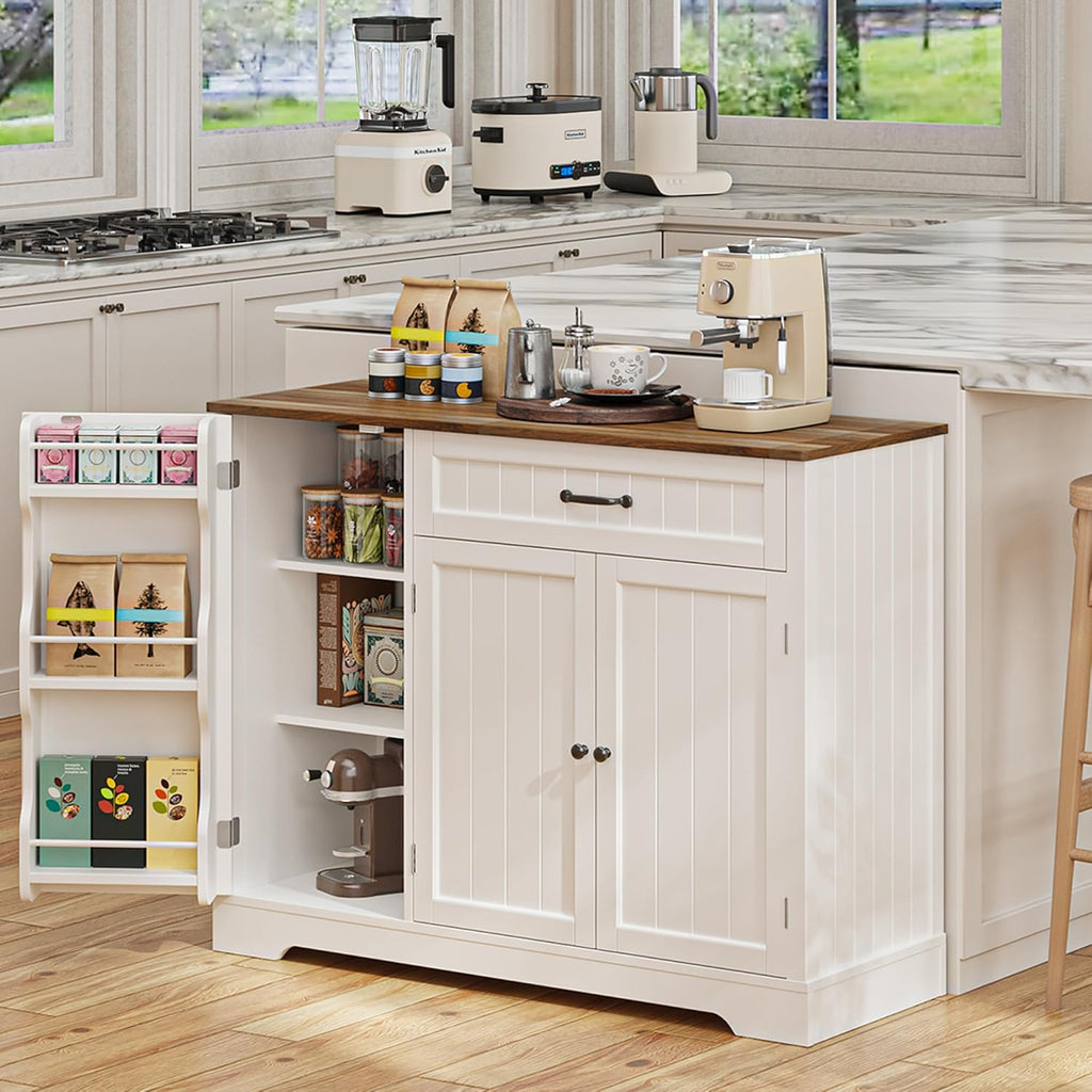 Kitchen Coffee Bar Cabinet with Storage, Sideboard Buffet with Drawers, Shelves and Door, Short Pantry Cabinet for Bathroom or Living Room, White Rustic