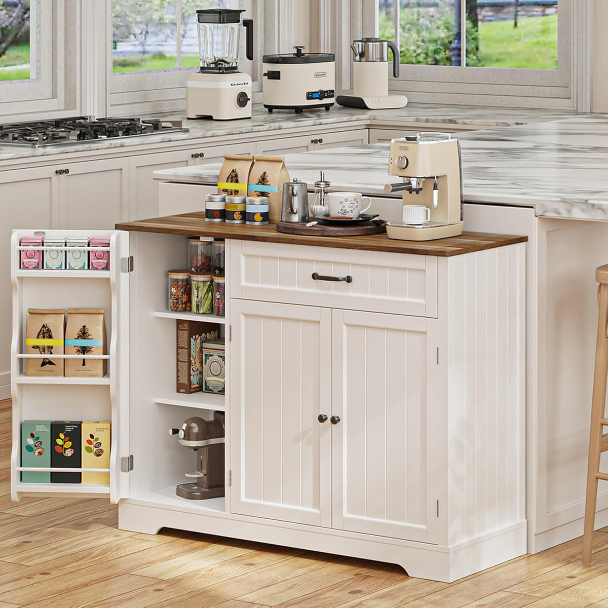 Kitchen Coffee Bar Cabinet with Storage, Sideboard Buffet with Drawers, Shelves and Door, Short Pantry Cabinet for Bathroom or Living Room, White Rustic