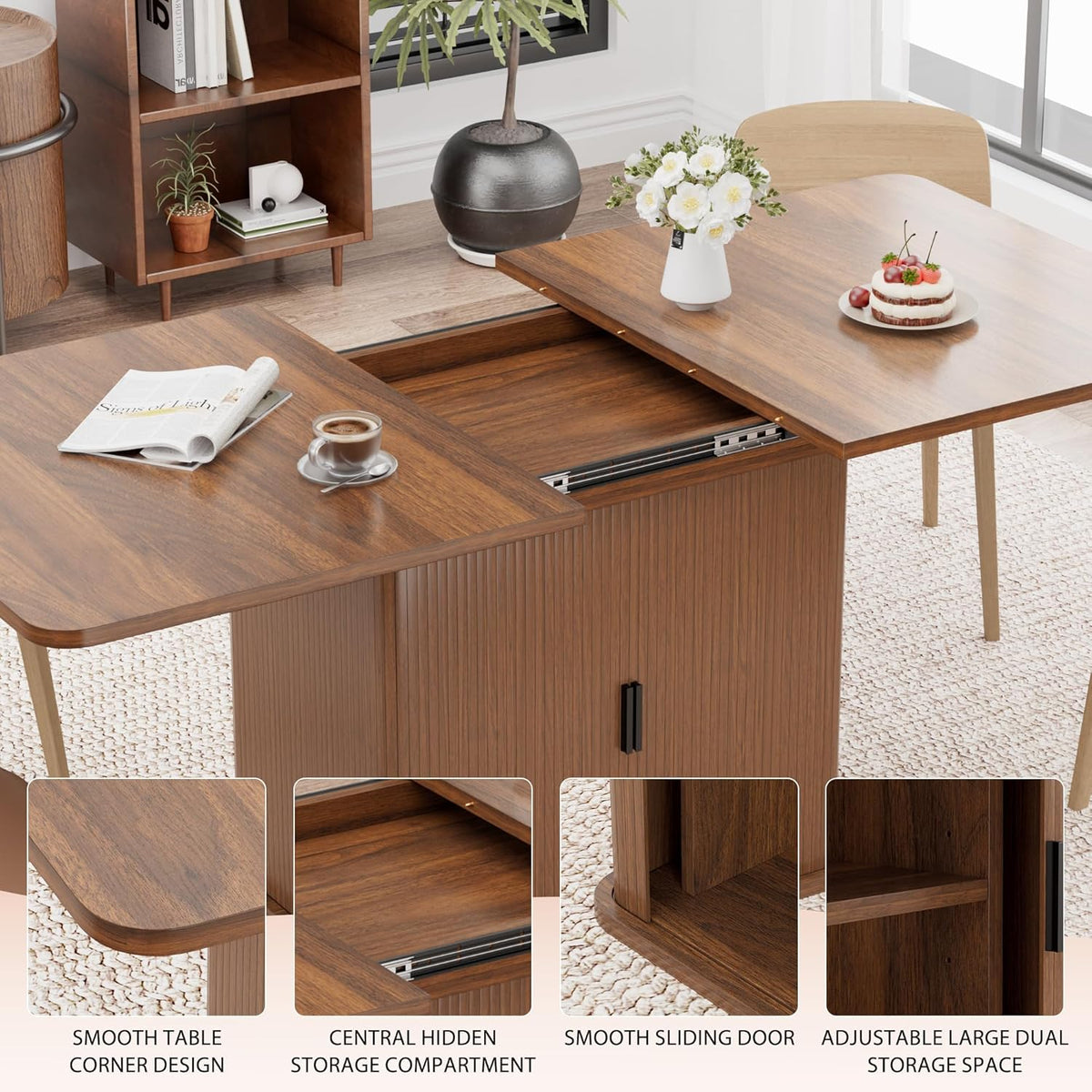 Extendable Dining Table for 4–6, 47″–63″ Rectangular Kitchen Table with Storage, Mid Century Modern Expandable Dinner Table for Dining Room,Kitchen