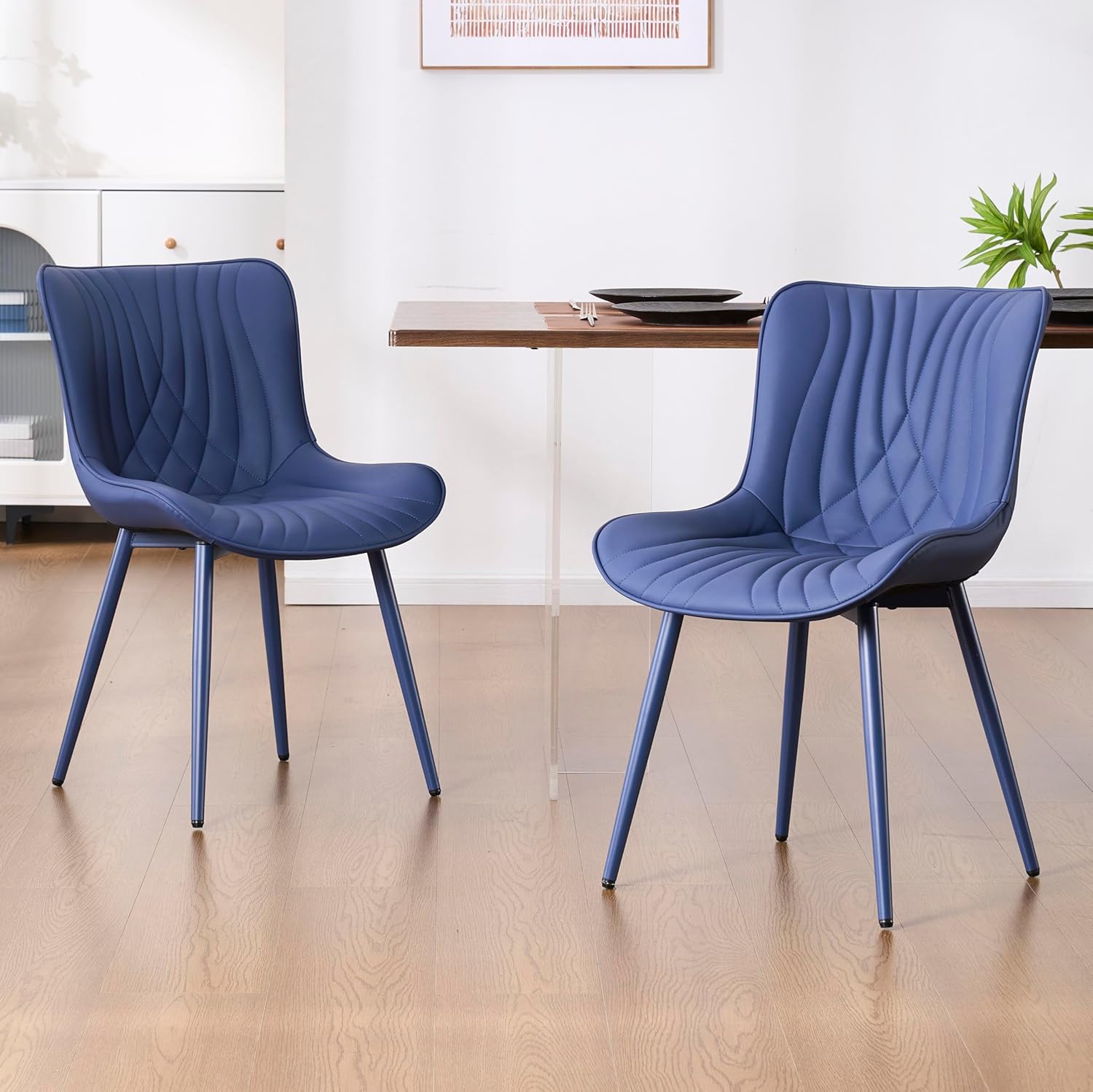 Kidol & Shellder Dining Chairs Set of 2, Mid Century Modern Kitchen Chairs with Metel Legs, PU Leather Upholstered Side Chair for Dining Room, Living Room, Lounge, Restaurant, Navy Blue