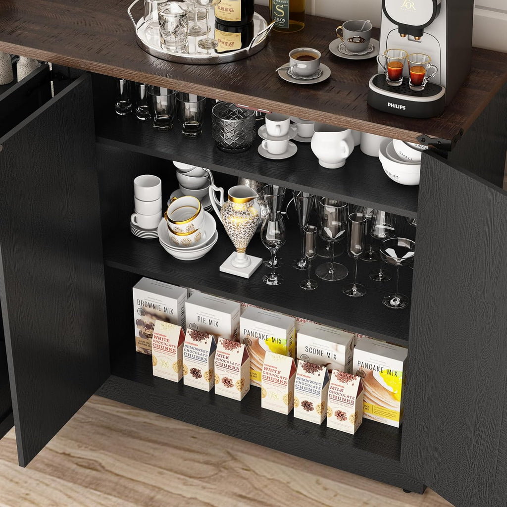 Sideboard Buffet Cabinet with Storage - 65 Inch Farmhouse Kitchen Pantries Sideboard Cabinets with Adjustable Shelves, Wooden Coffee Bar Cabinet Buffet Table for Kitchen, Dining Room, Black