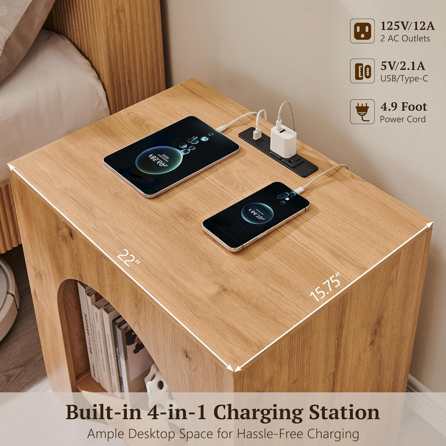 Arched End Table Set of 2 with Type-C Charging Station, 22" Modern Bedroom NightStand with Arched Shelf, Side Table with Outlet, USB, Type-C Port for Bedroom, Natural