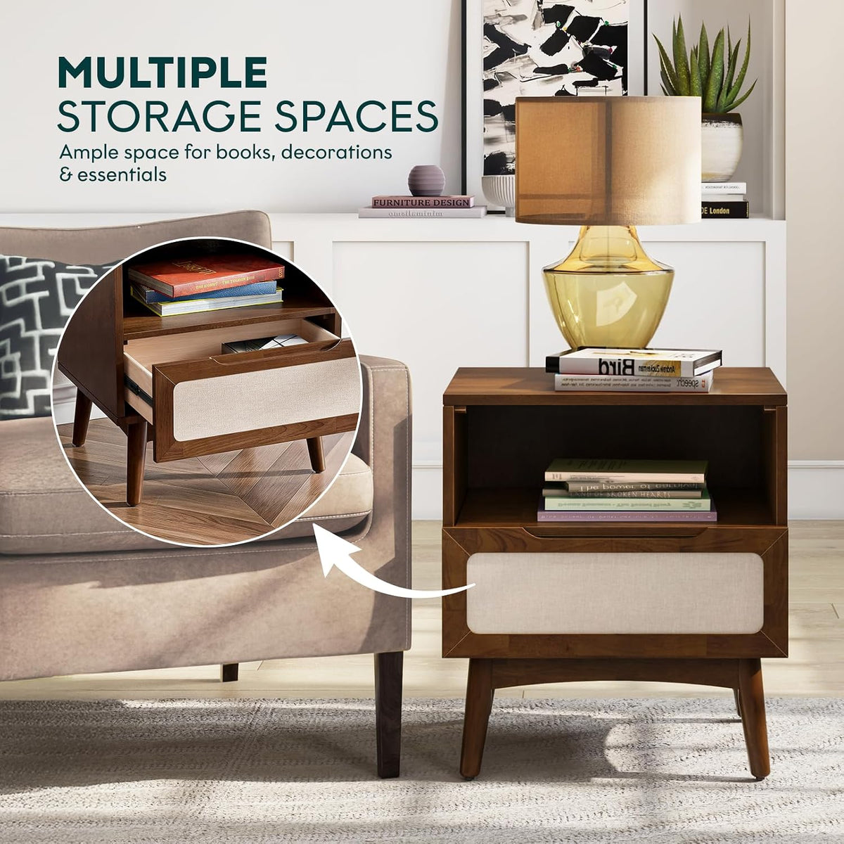 Bme Calista Nightstand 1 Drawer – Solid Wood Chestnut Finish Bedside Table with Open Shelf & Fabric Panel Drawer, Mid-Century Modern Style with Tapered Legs, Easy Assembly