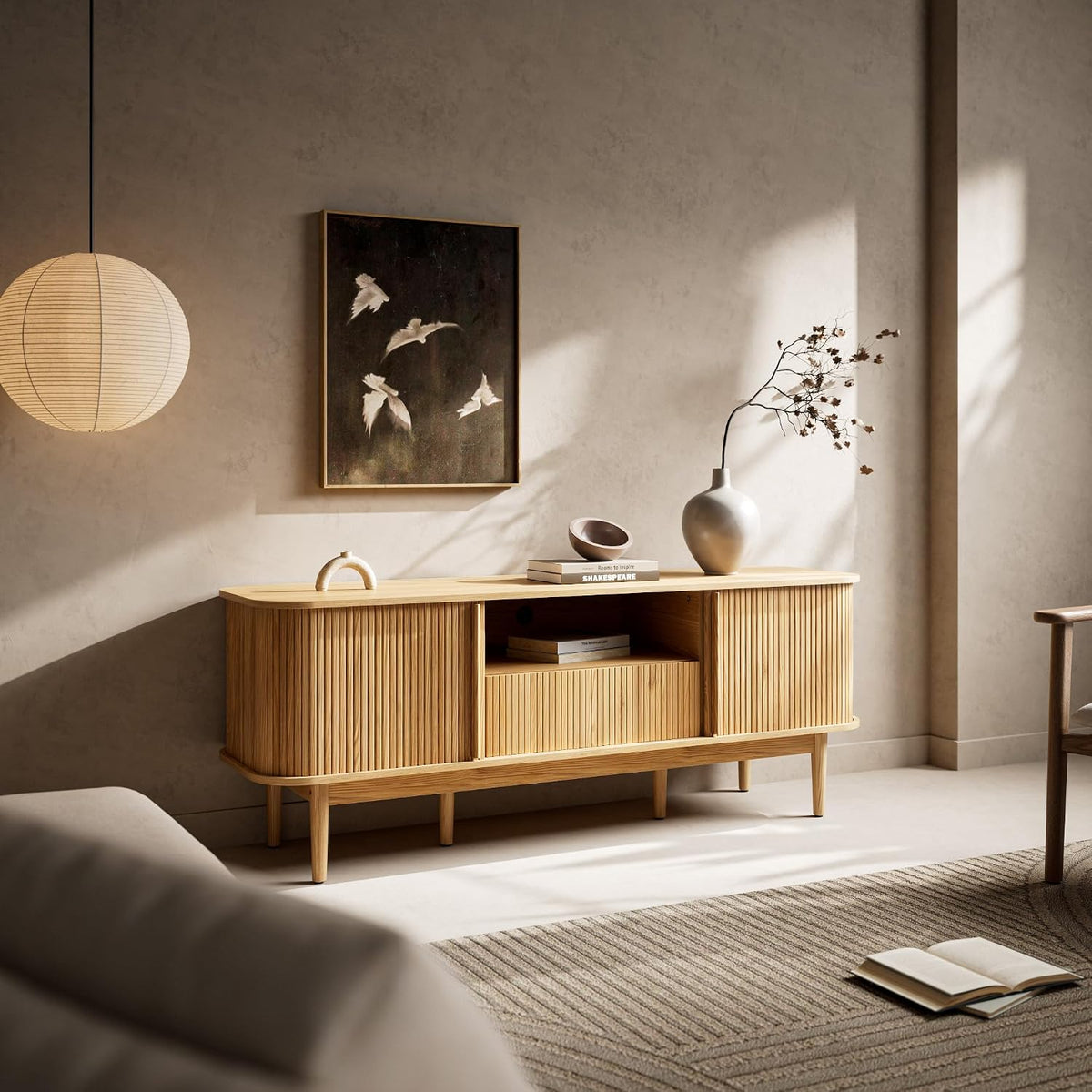 Furniway Modern TV Stand for 45/55/70 inch TV, Entertainment Center with Sliding Doors and Storage, Wood TV Stand for Bedroom, Living Room, Natural