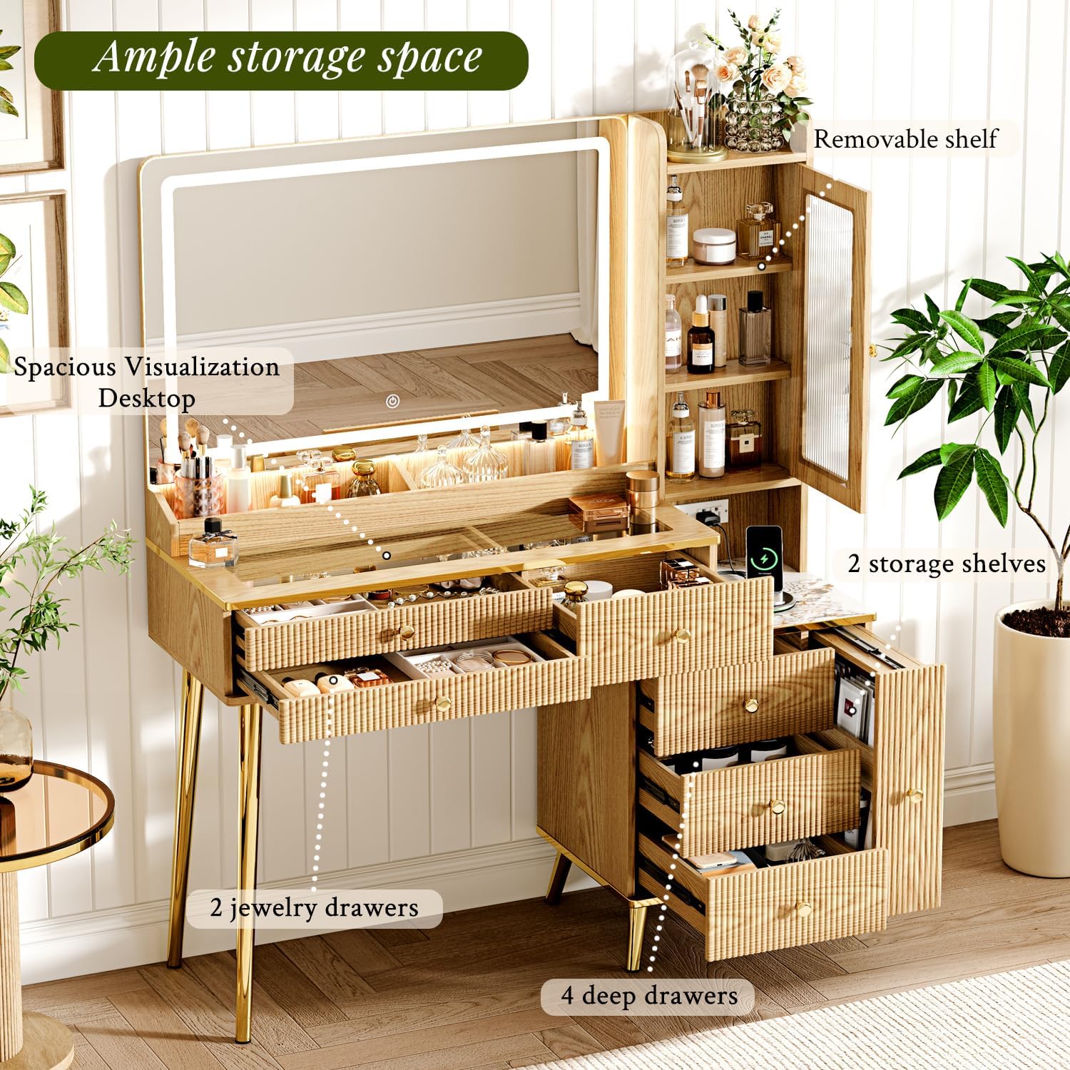 Arulvmrn Vanity Desk with 35.12" HD Lighted Mirror, 46.85" Big Modern Vanity Desk with Mirror and Lights, Makeup Vanity with 7 Drawers and Storage Shelves and Charging Station, Wood