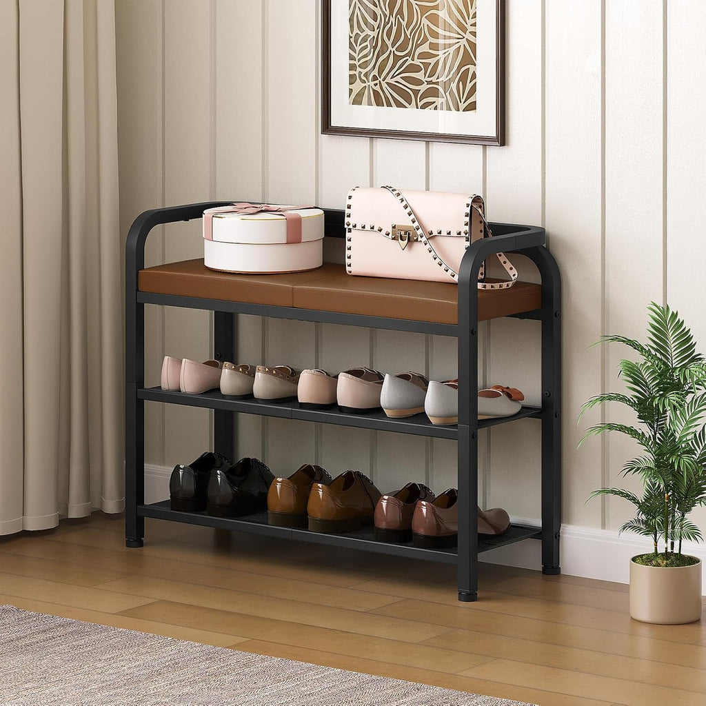 YATINEY Shoe Bench with Backrest, Entryway Bench, 2-Tier Shoe Rack with PU Padded Seat, Upholstered Shoe Storage Bench with Back, for Hallway, Entryway, Foyer, Bedroom, Brown and Black HX04BV
