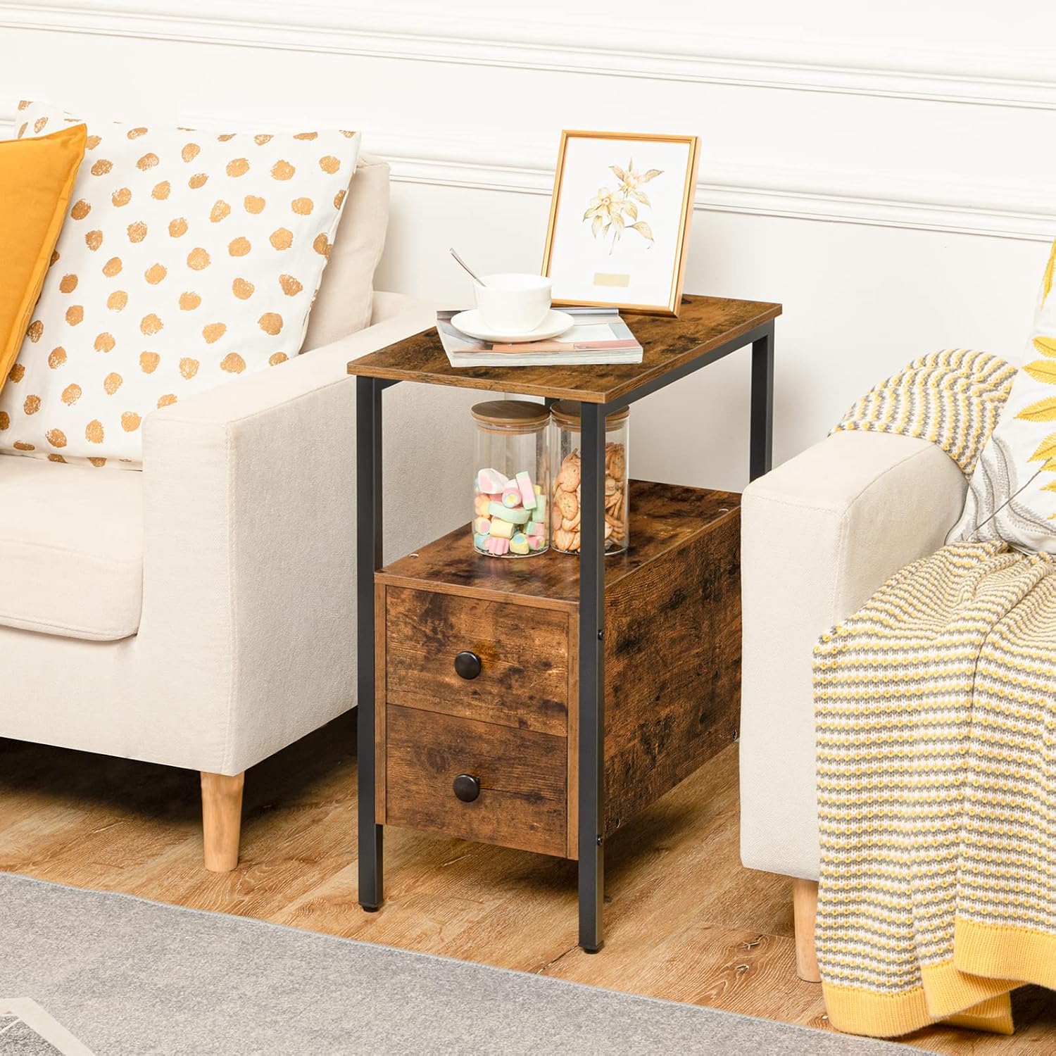 HOOBRO End Table, Narrow Chairside Table with Drawer and Open Storage Shelf, Nightstand for Small Spaces, Stable and Sturdy Construction, Wood Look Accent Furniture, Rustic Brown and Black BF548BZ01G3