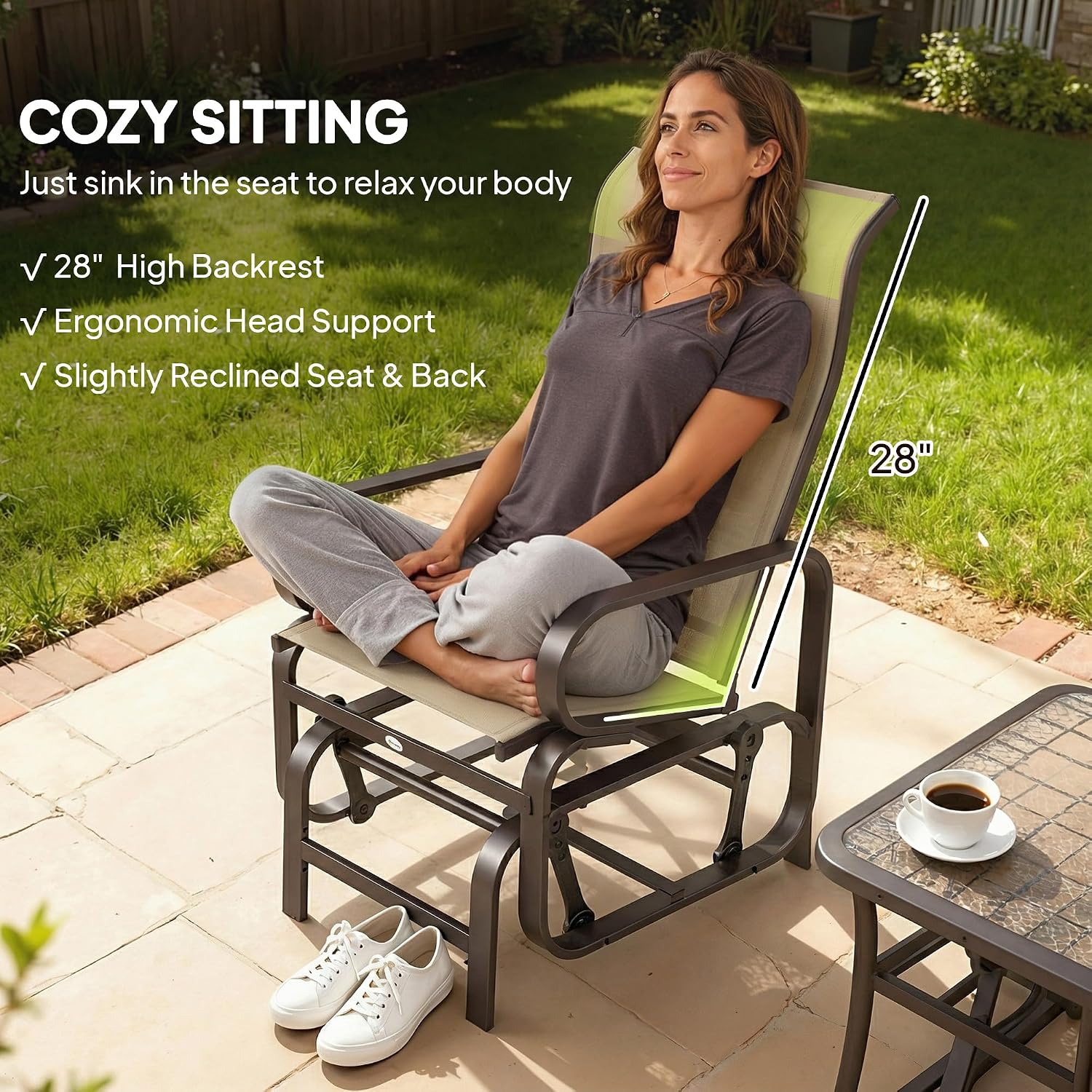 Outsunny Outdoor Glider Chair Set of 2, Smooth Gliding Mechanism, Khaki | Gliders for Outside Patio, Lightweight Construction, Backyard