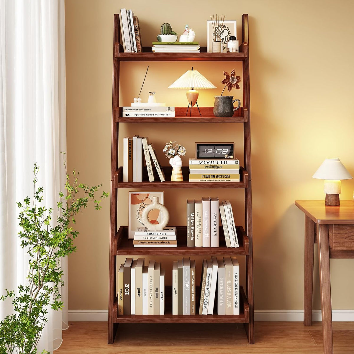 5 Tier Ladder Shelf, Ladder Bookshelf with Wood Frame
