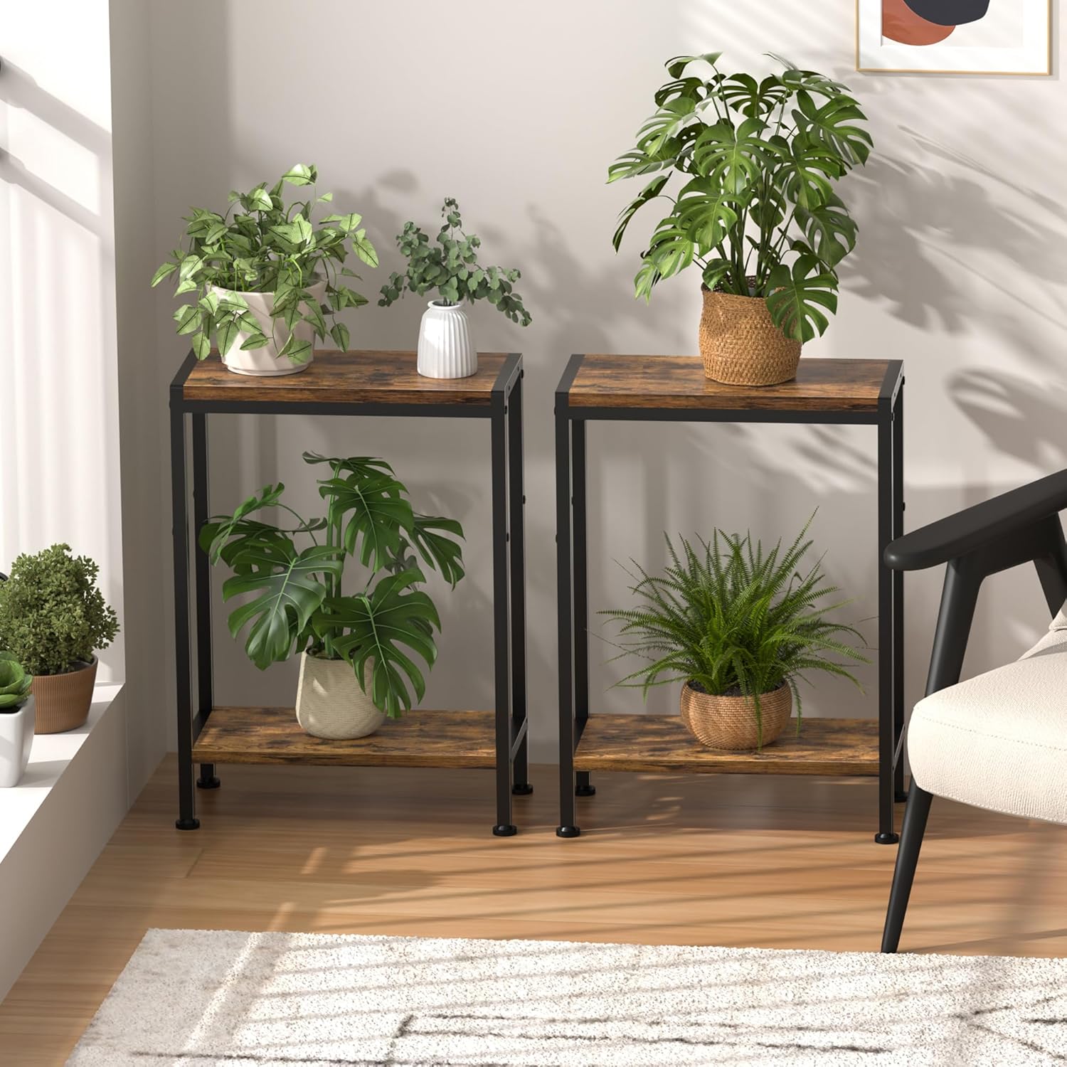 Narrow Side Table for Small Space, 2-Tier Slim End Table, Thin Nightstand, Skinny Snack Couch Table, Sofa Bedside Table in Living Room, Bedroom, Study, Kitchen and Balcony (Rustic Brown)