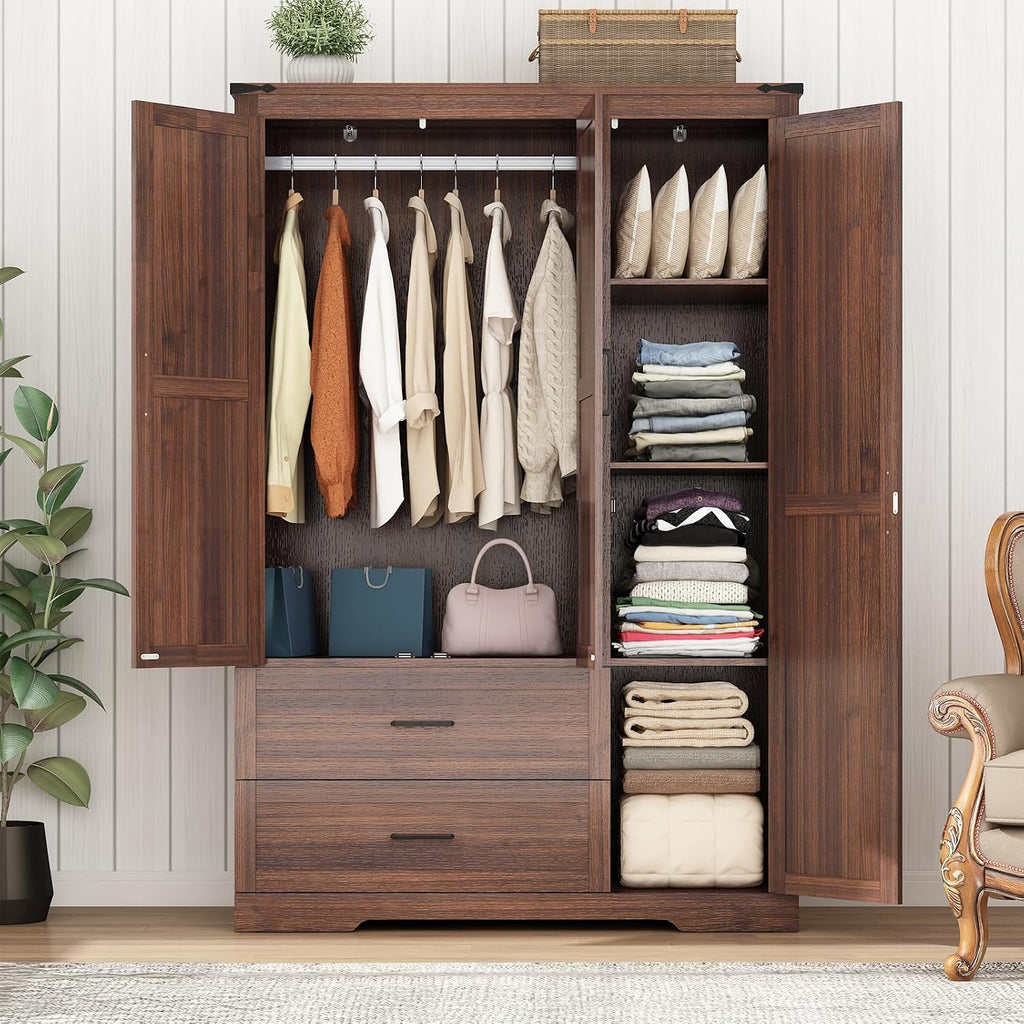 Hlivelood 3 Doors Wardrobe Armoire Closet with Doors and Drawers, Farmhouse Wooden Armoire Storage Cabinet with Shelves & Hanging Rod for Bedroom, Brown
