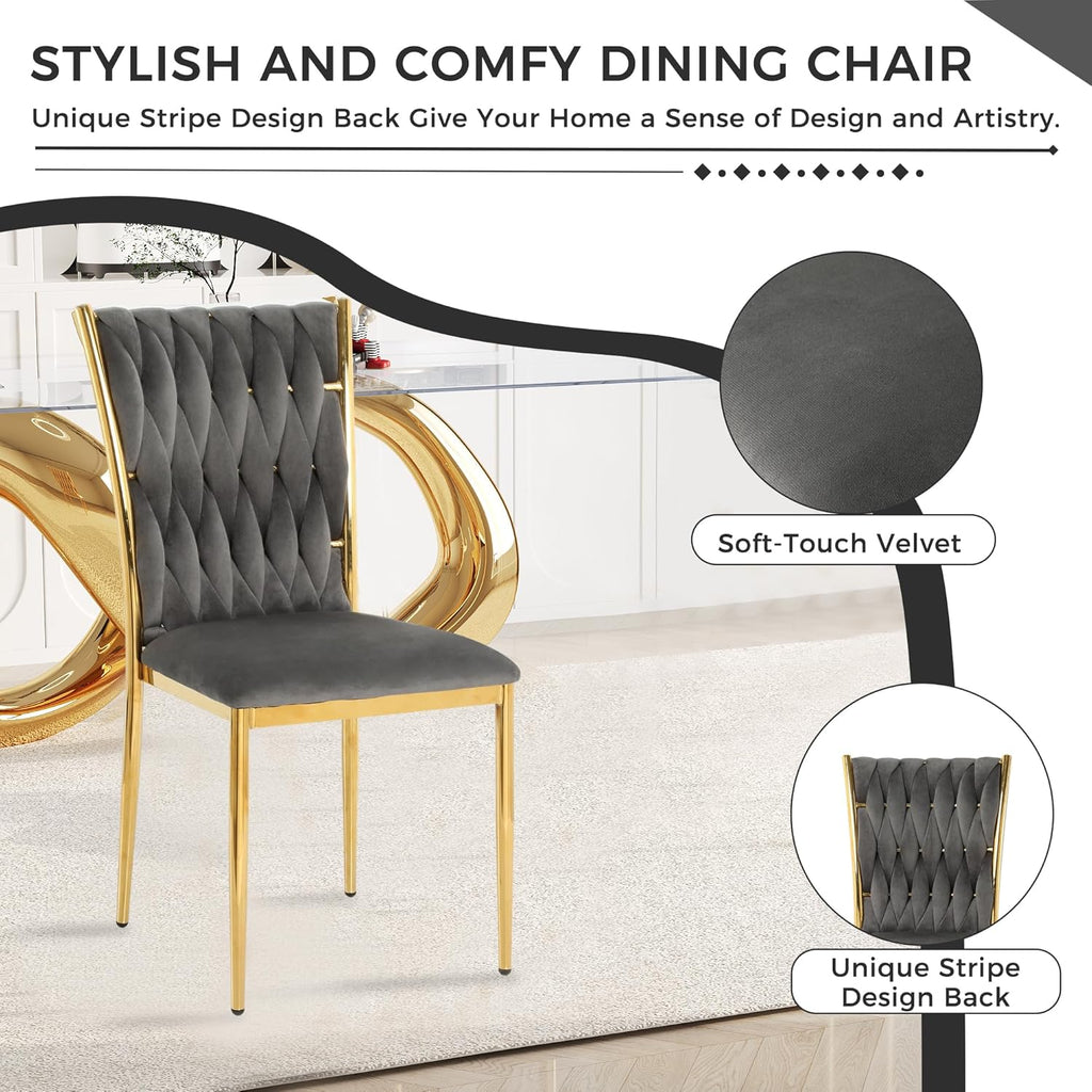 Velvet Dining Chairs Set of 4, Modern Woven Kitchen Chairs with Gold Metal Legs, Upholstered Cushion with High Back, Dirt Resistance, Easy to Install, for Living Room, Dining Room - Dark Grey