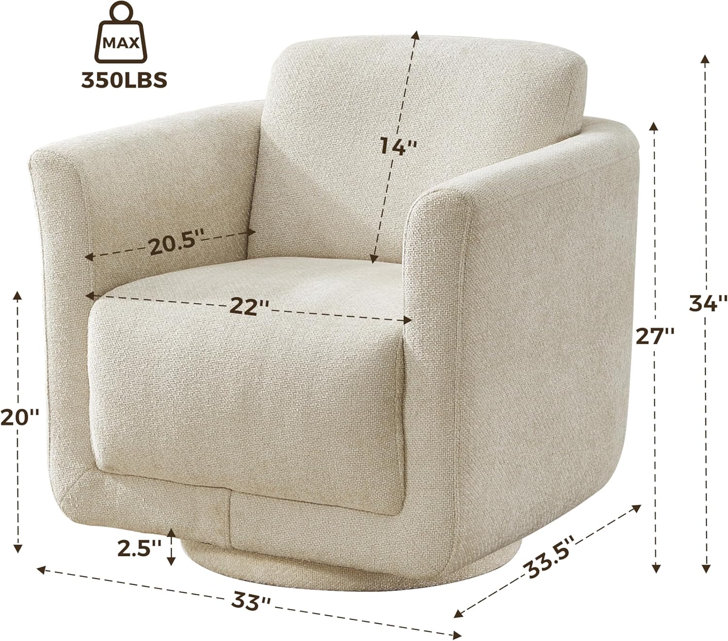 Swivel Accent Chair, 360° Barrel Chair with Solid Wood Frame & Removable Ergonomic Support Back Cushion, Fully Assembled Chenille Armchair for Living Room & Bedroom, Beige