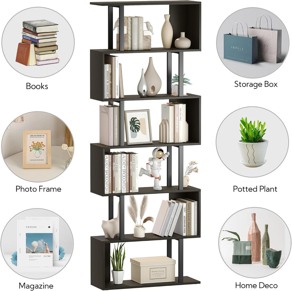 Yusong Geometric Bookcase, S Shaped Bookshelf 6-Tier Book Shelves for Bedroom, Modern Wood Decorative Display Shelf Tall Book Case for Home Office, Black and White