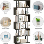 Yusong Geometric Bookcase, S Shaped Bookshelf 6-Tier Book Shelves for Bedroom, Modern Wood Decorative Display Shelf Tall Book Case for Home Office, Black and White