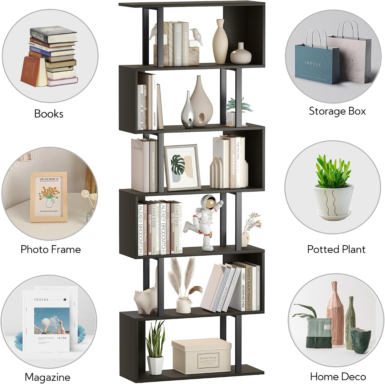 Yusong Geometric Bookcase, S Shaped Bookshelf 6-Tier Book Shelves for Bedroom, Modern Wood Decorative Display Shelf Tall Book Case for Home Office, Black and White