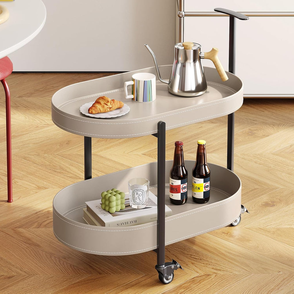 Guyii 2 Tiers Storage Rolling Cart 360 Rotating Side Table Modern End Table Living Room Table with Wheels Easy to Move for Living Room Bedroom Kichen Bathroom Pu Leather