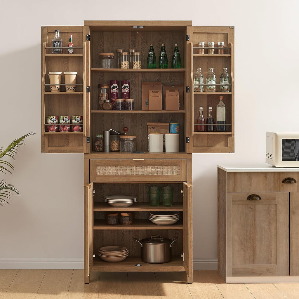 SICOTAS 72 inch Rattan Buffet Cabinet with Drawer, 4 Doors : Pantry Cabinet | 3 Pieces Tall Storage Cabinet, Farmhouse Boho Freestanding Cupboard Pantry with Storage for Living Room, Dining Room