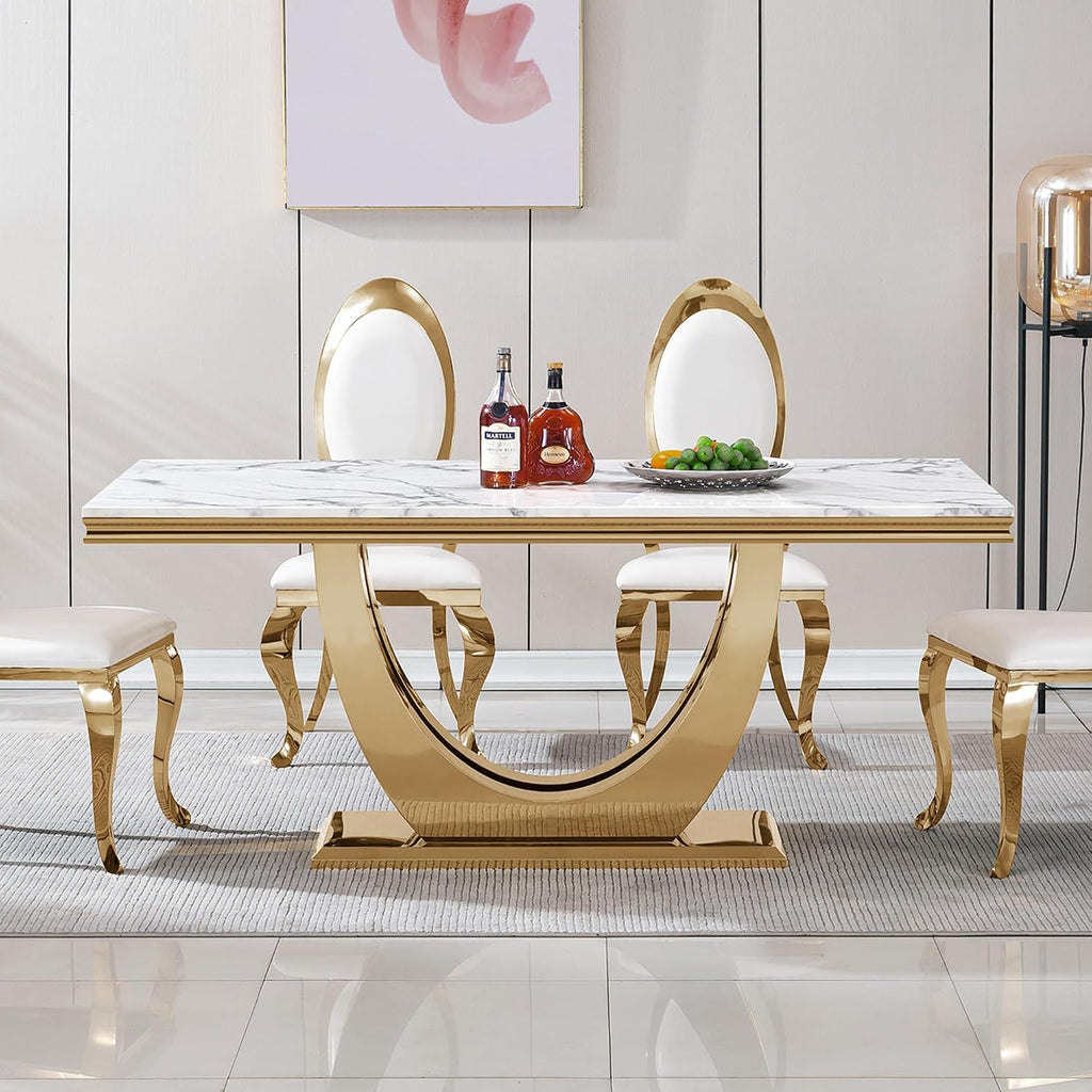 70" White Marble Dining Table, Luxury Kitchen Table for 6 8, Large Rectangular Dinner Table with U Shaped Gold Stainless Steel Pedestal, Mid Century Modern Dining Table for Kitchen Dining Room