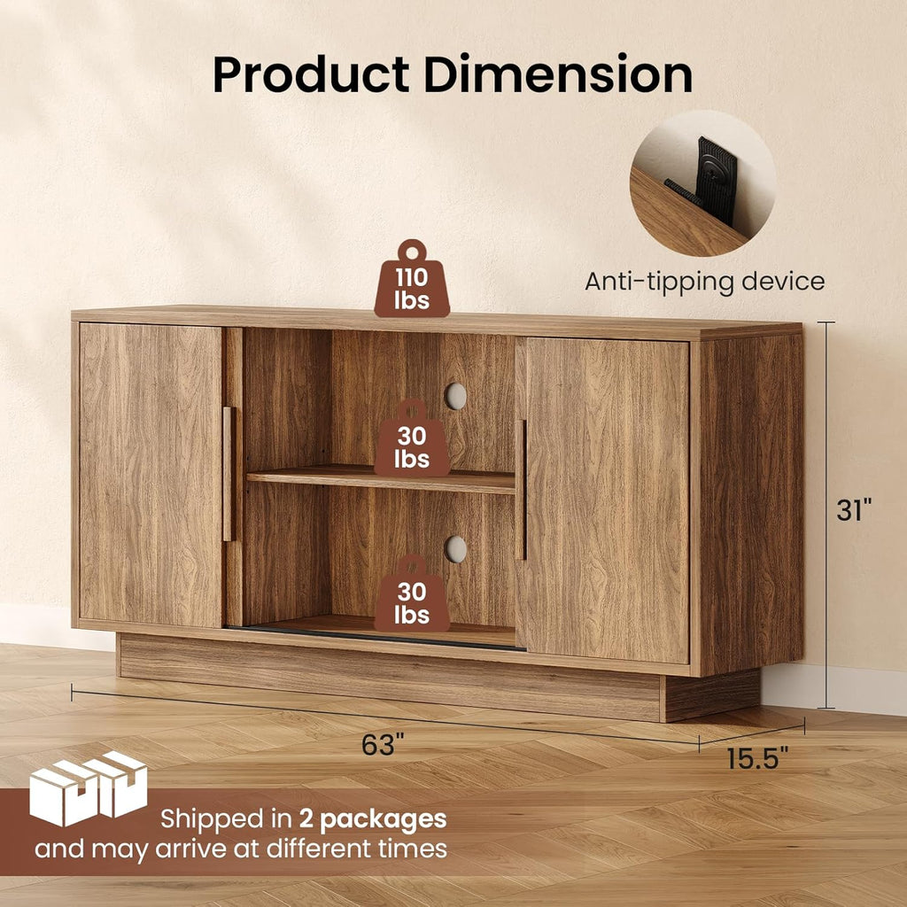 ModernMate 63'' Sideboard Buffet Cabinet with 4 Sliding Doors, Wood Credenza Storage Cabinet with Pedestal Base, Large Side Board with Adjustable Shelf for Living Room, Kitchen, Hallway, Walnut