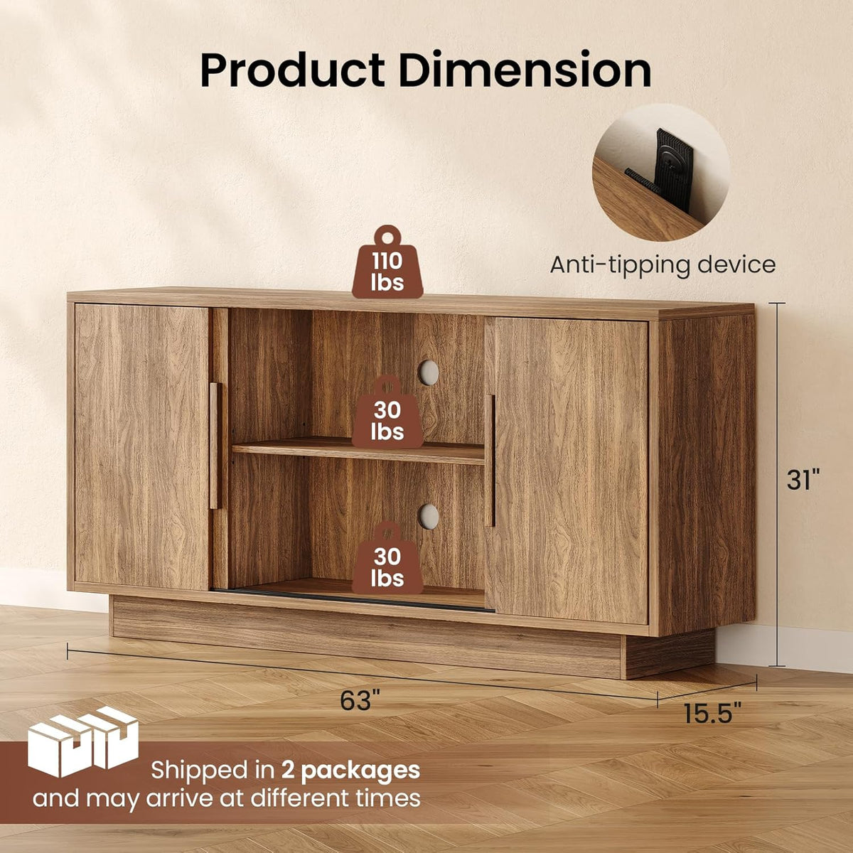 ModernMate 63'' Sideboard Buffet Cabinet with 4 Sliding Doors, Wood Credenza Storage Cabinet with Pedestal Base, Large Side Board with Adjustable Shelf for Living Room, Kitchen, Hallway, Walnut