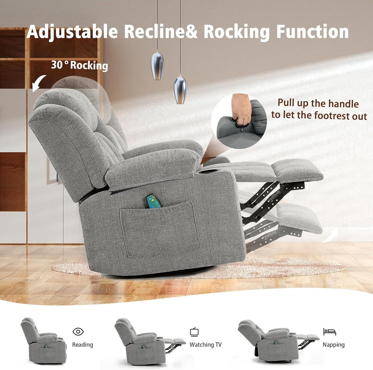 Ketaiyou Rocker Swivel Recliner Chair for Adults, Overstuffed Large Manual Recliner Glider with Massage and Heat, Comfy Soft Fabric Living Room Reclining Sofa Chair (Lime Gray1)