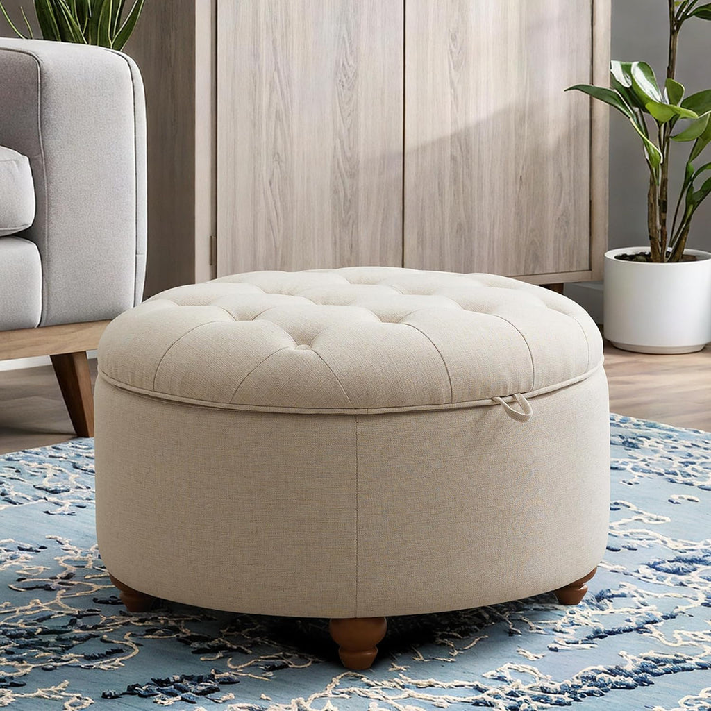 30'' Round Ottoman Coffee Table with Storage, Upholstered Tufted Ottoman with Flip Tray, Solid Wood Legs for Living Room, Bedroom, Khaki