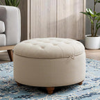 30'' Round Ottoman Coffee Table with Storage, Upholstered Tufted Ottoman with Flip Tray, Solid Wood Legs for Living Room, Bedroom, Khaki