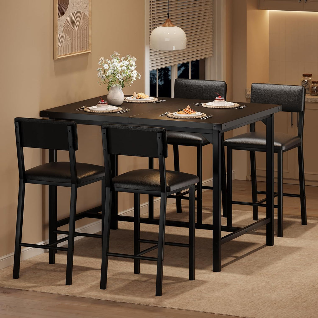 IDEALHOUSE Dining Table Set for 4 with Footrest & Corner Protector, Counter Height Table with 4 Upholstered Bar Stools, 5-Piece Kitchen Table Set, for Dining Room, Apartment, Pub, Rustic Black