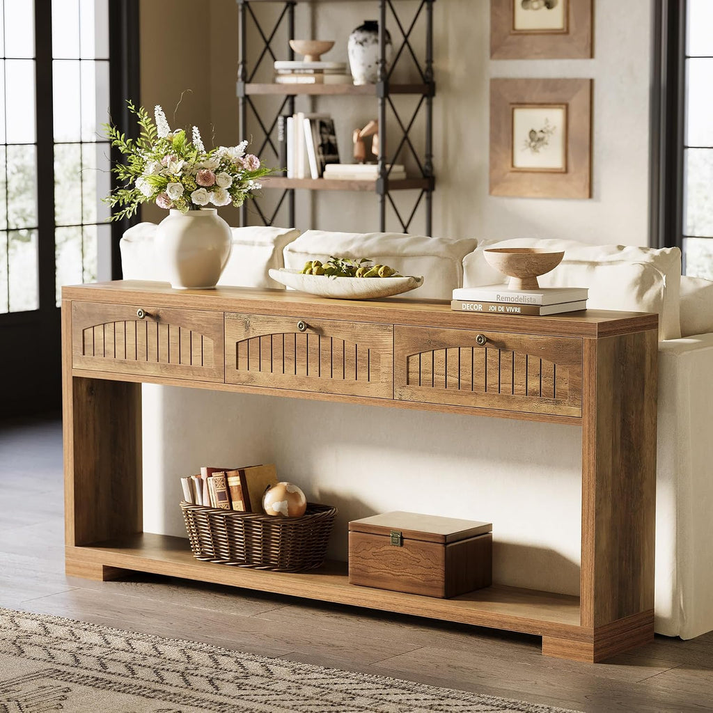 LITTLE TREE 70.8-Inch Console Entryway Table with 3 Drawers & 2-Tier Open Shelf, Farmhouse Narrow Long Sofa Table for Living Room, Entryway, Foyer, Hallway, Behind Couch, Entrance, Rustic Brown