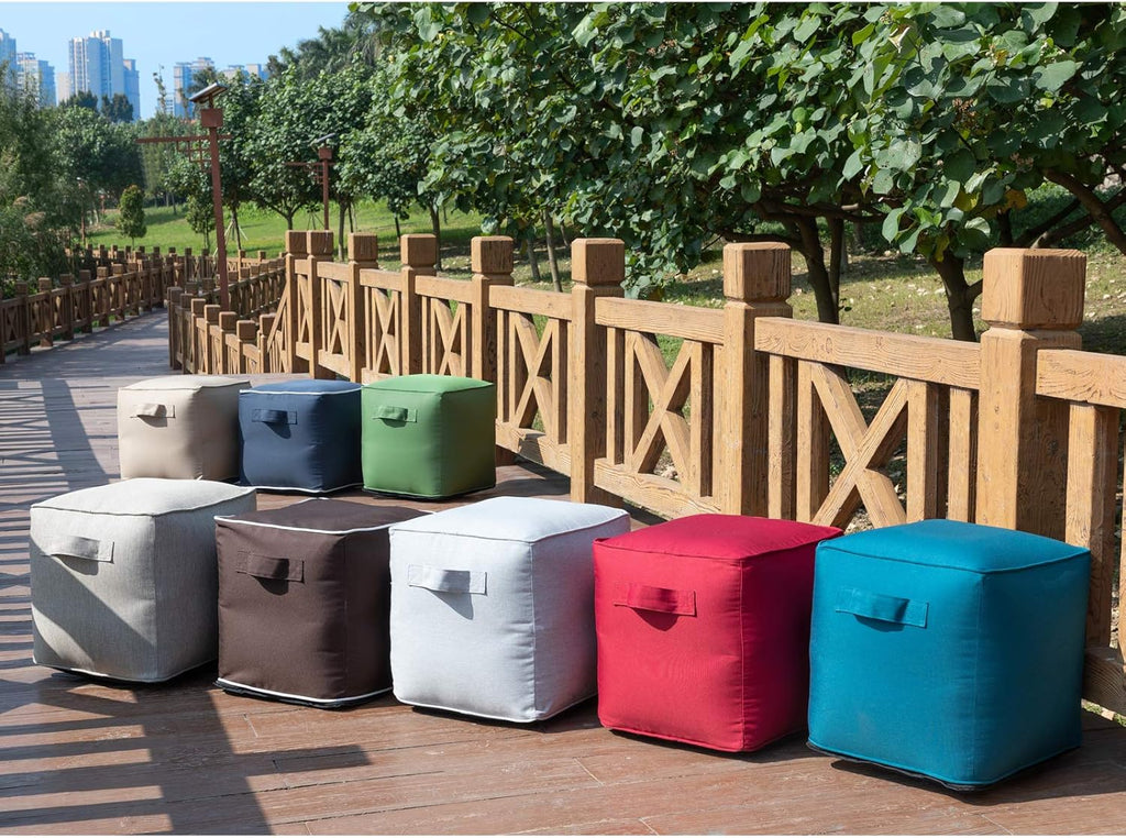 QILLOWAY Inflatable Outdoor Ottoman for Patio, Water Resistant Pouf Cube 16", Inflatable Foot Rest, Outdoor Footstool for Poolside, Garden,Camping, Sand,Beige,Camel