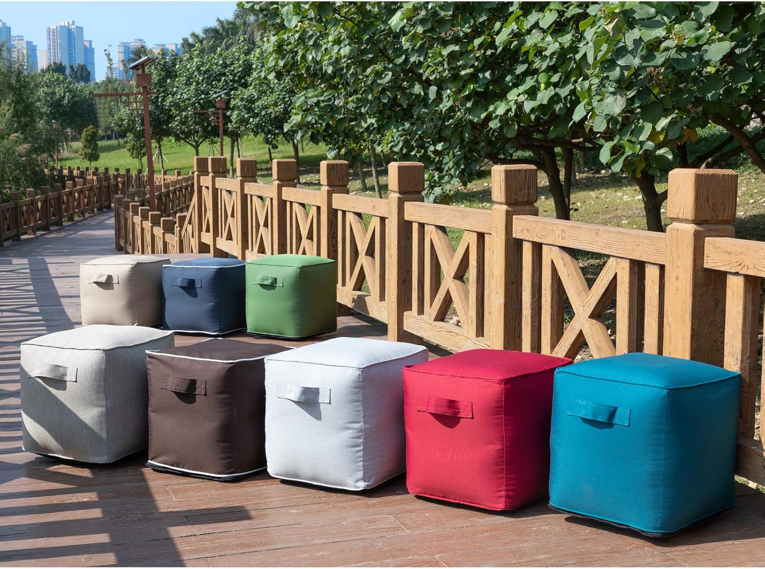 QILLOWAY Inflatable Outdoor Ottoman for Patio, Water Resistant Pouf Cube 16", Inflatable Foot Rest, Outdoor Footstool for Poolside, Garden,Camping, Sand,Beige,Camel