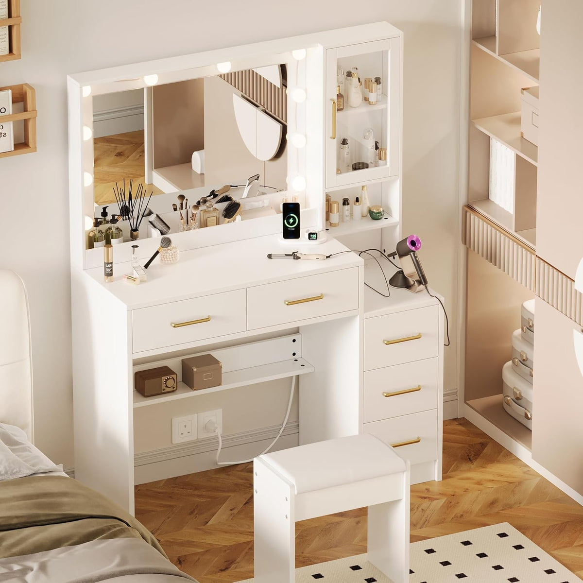 TOKSOM Makeup Vanity with Lights & Charging Station, White Vanity Table with 5 Drawers & Open Storage Shelves, Bedroom Makeup Dressing Table Set for Women Girls