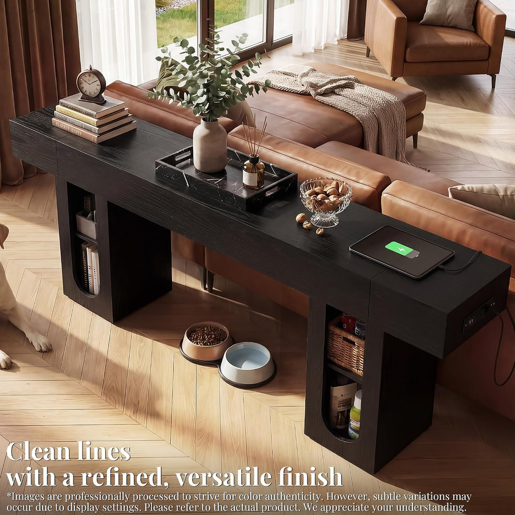 79" Entryway Console Table with Outlets & Storage-Black | 5.9" Thick Top,Zero Wobble,Behind Large Couch,Extra Long,Anti-Tip,Modern Farmhouse,Dense MDF,Living Room,Hallway,300lbs Load