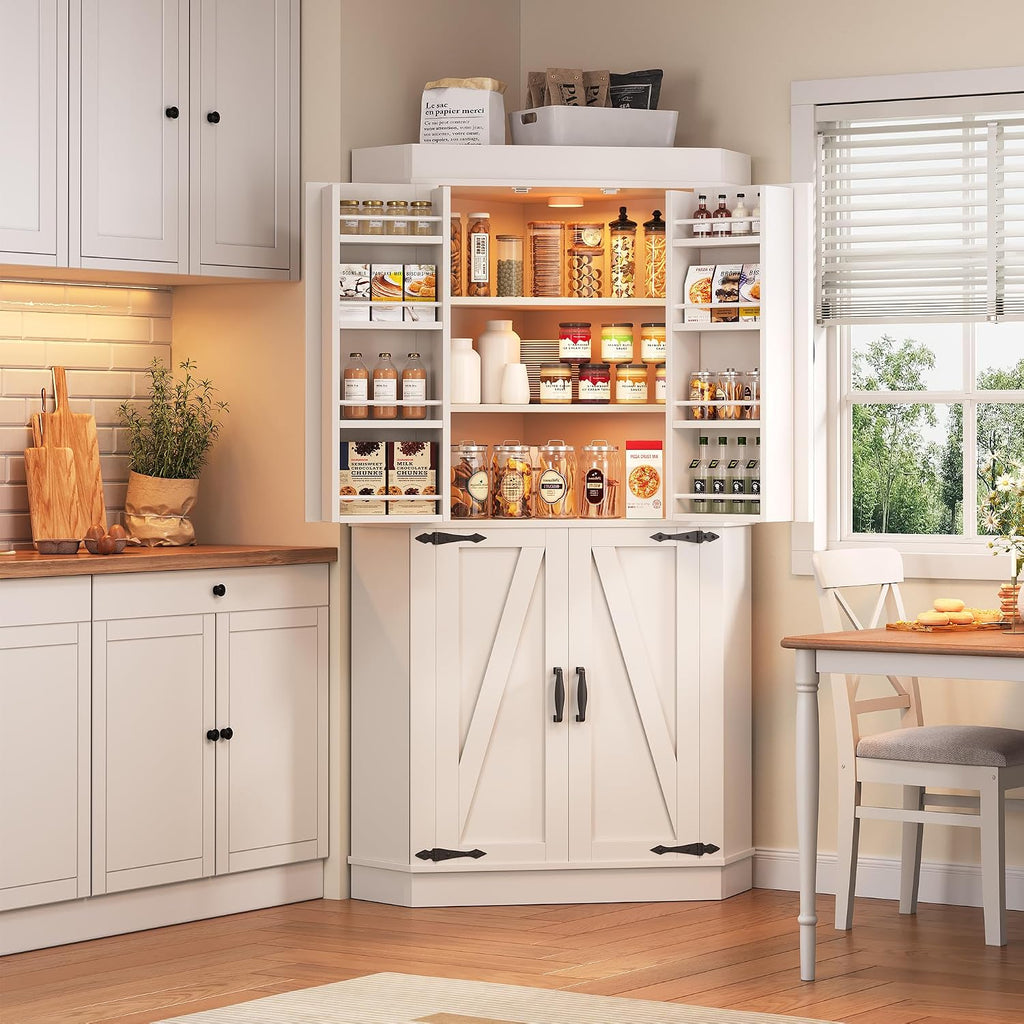 Corner Cabinet,71'' Kitchen Pantry Storage Cabinet with 4 Doors and Shelves, Tall Food Pantry Storage Cabinet Farmhouse Furniture for Kitchen Dining Room, White