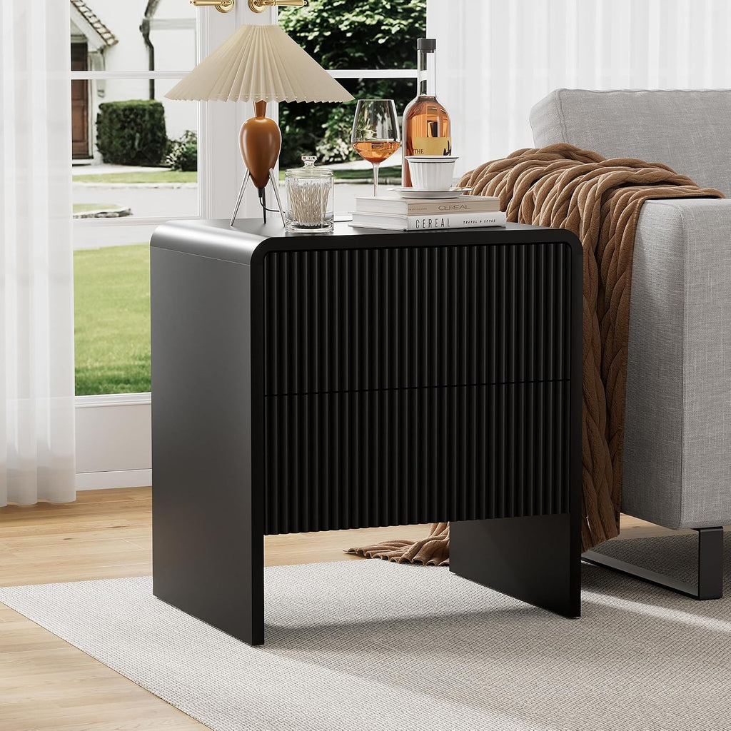 Furniway Set of 2 Modern Curved Nightstand with 2 Drawers, Push-to-Open Wooden Bedside Table, Minimalist End Table for Bedroom, Black