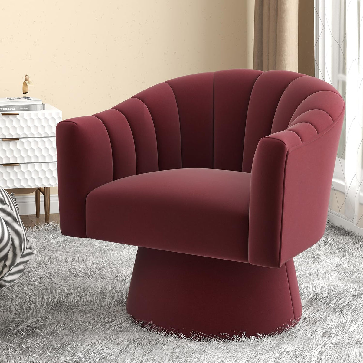 Swivel Accent Chair Set of 2, Modern Velvet Barrel Chair for Living Room | Cozy Barrel Chairs with Curved Backrest,a smoothly rotating metal base,Upholstered Armchair for Small Spaces, Bedroom,RED