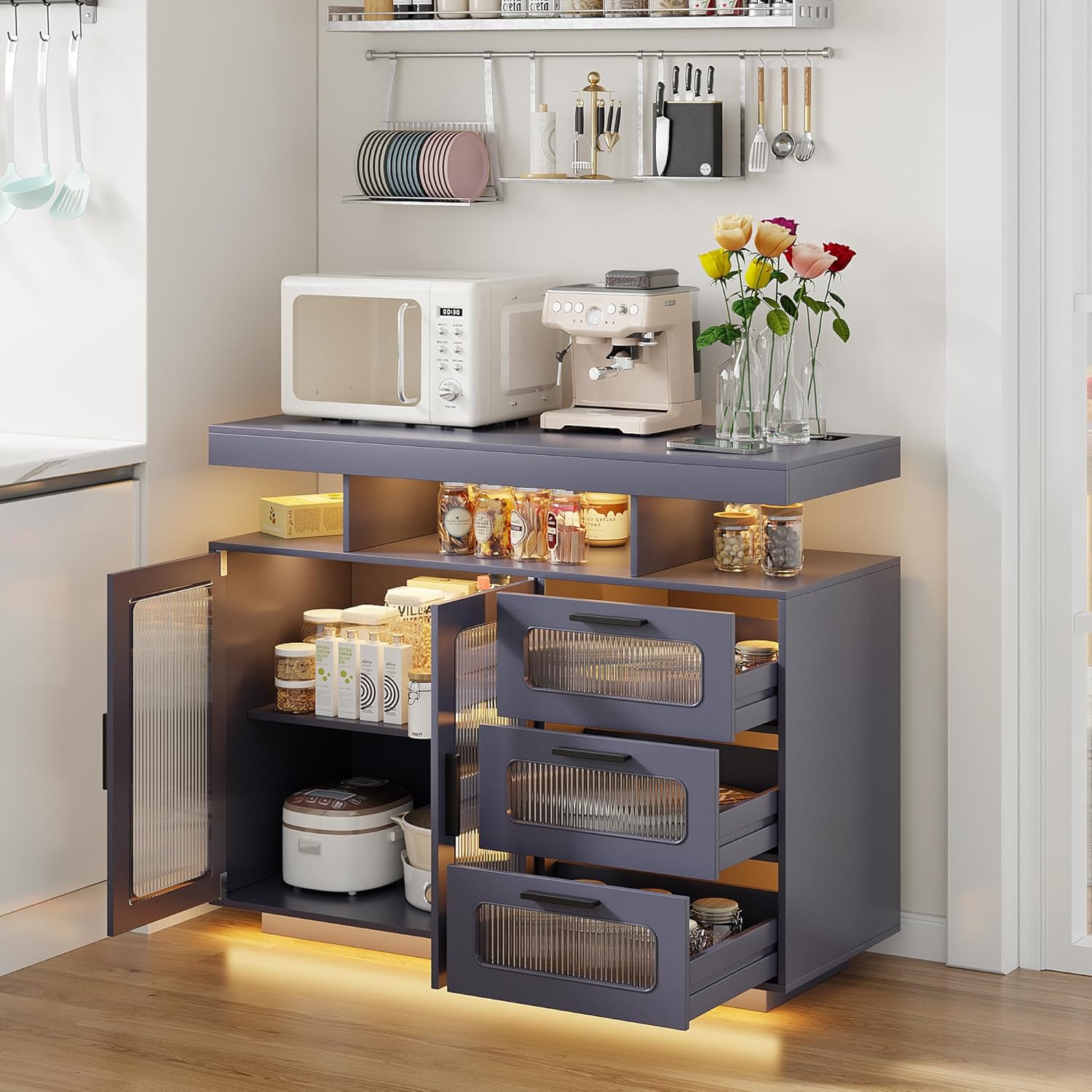 Dystler Coffee Bar Cabinet with Storage, Modern Buffet Cabinet with 3 Drawers and 2 Doors, Sideboard Buffet with Charging Station and Lights, Grey