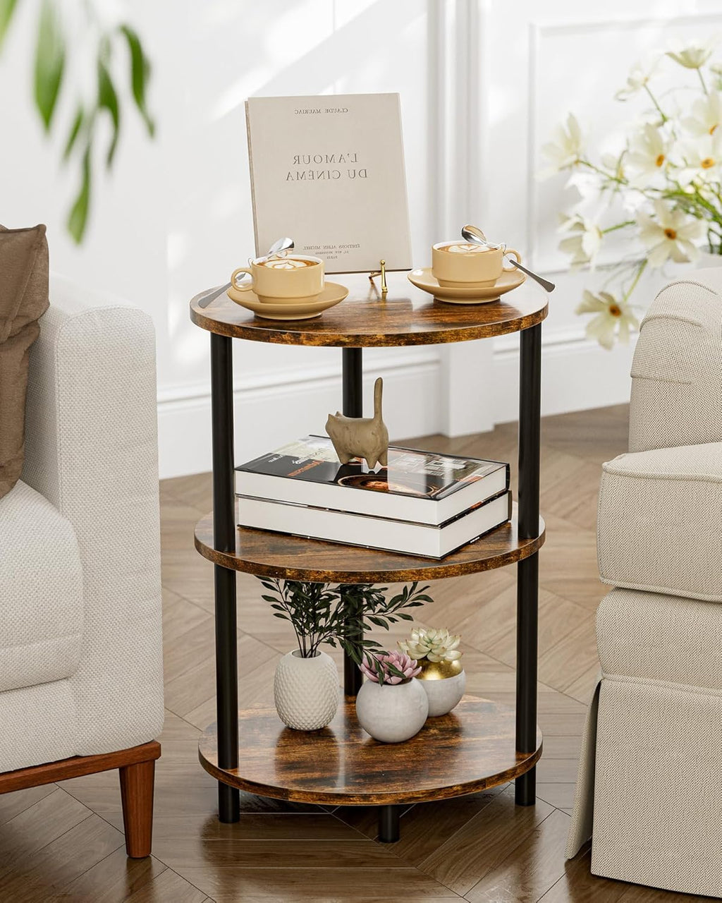 Round Small Side Table - 3 Tier Oval Accent Table for Small Spaces, Rustic Wood and Metal Couch End Table, Nightstand for Bedroom or End Table Living Room, Easy to Assemble, Rustic Brown