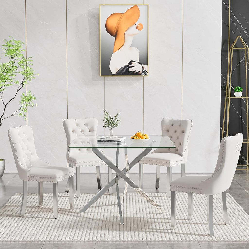 HomVent 36'' Square Glass Dining Table Set for 4,Modern Square Glass Kitchen Table Set for 4, Dining Room Set with Dining Chairs for Kitchen