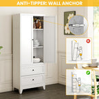 72" Metal Storage Cabinet with 2 Drawer, 2 Adjustable Shelves & Hooks, Utility Kitchen Pantry Cabinet for Home, Living Room, Pantry, Assemble Required (White)