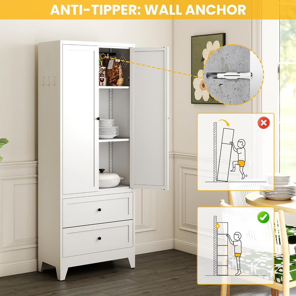 72" Metal Storage Cabinet with 2 Drawer, 2 Adjustable Shelves & Hooks, Utility Kitchen Pantry Cabinet for Home, Living Room, Pantry, Assemble Required (White)