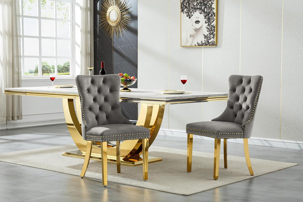 7 Piece Marble Dining Table Set for 6, 94 inch Large White Faux Marble Table with Gold U Shaped Stainless Steel Base, Modern Kitchen Dining Room Table Set for 6 with Grey Upholstered Velvet Chairs