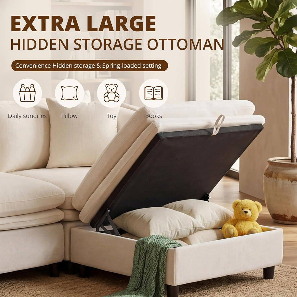 113.4'' Modular Sectional Sofa with Storage Ottoman, Oversized L Shaped Cloud Couch, Modern Comfy Chenille Deep Seat Sleeper Sofa, 4 Seat Convertible Couches for Living Room, Beige