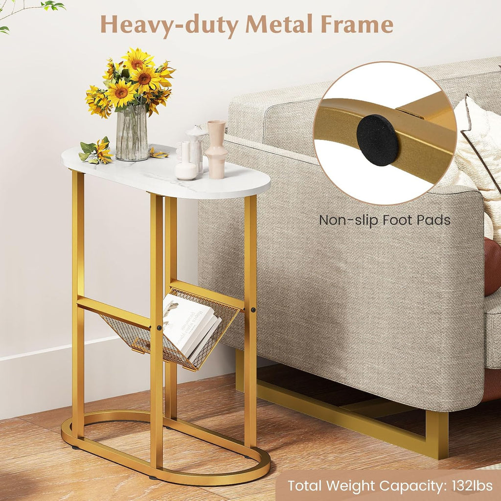 Giantex Oval Narrow Side Table, Small End Table with Magazine Rack Sling Holder Pouch, Modern Slim Nightstand, Bedside Tables for Living Room Bedroom Couch Small Spaces, White & Gold